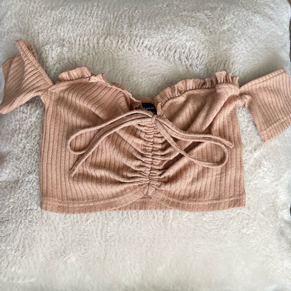 shein off shoulder frill tie crop top